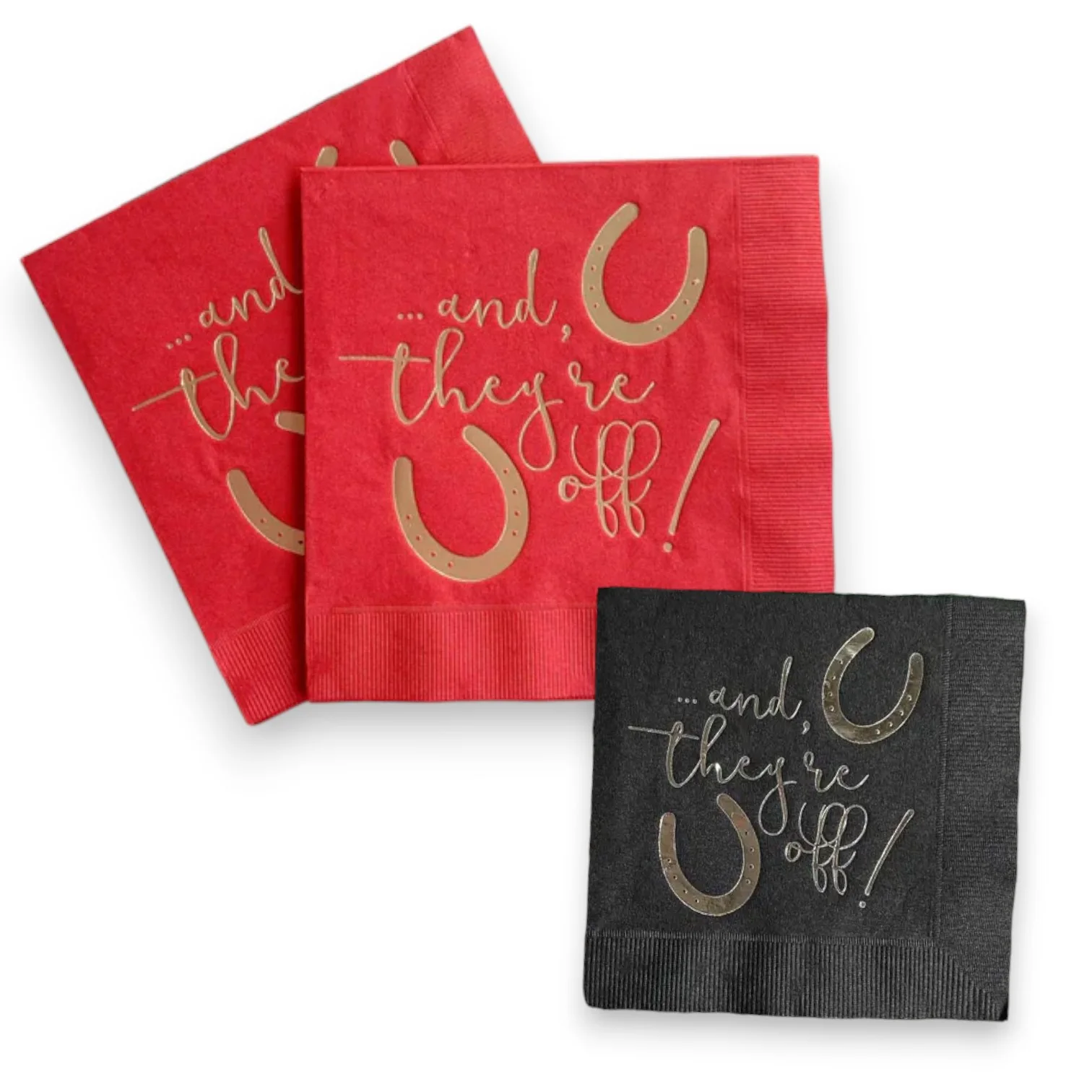 And They're Off Derby Napkins – Red & Gold Luncheon or Black & Silver Cocktail | Party Napkins