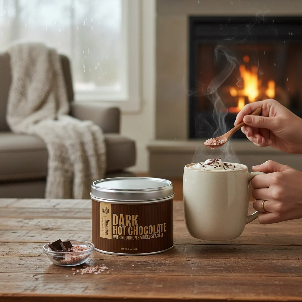 Dark Hot Chocolate with Bourbon Smoked Sea Salt – 8 oz Tin - Image 2