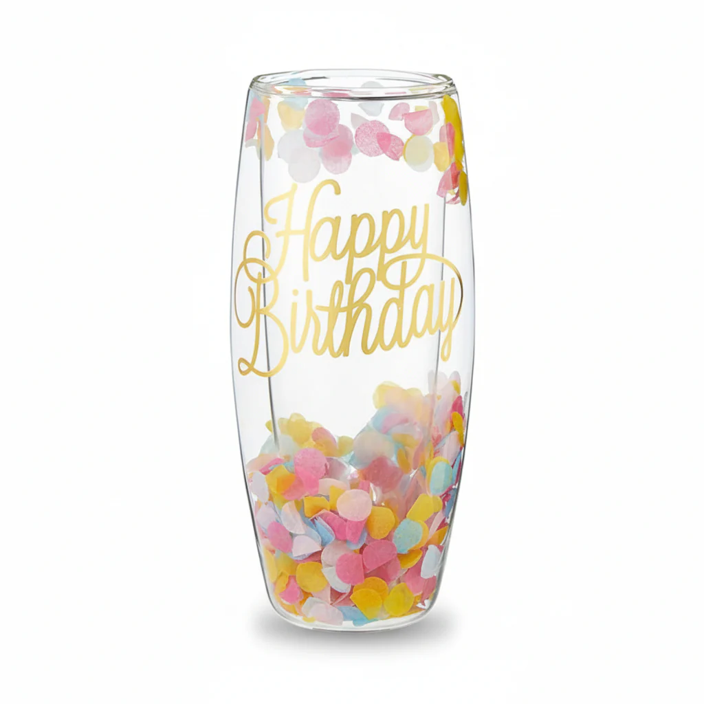 Double-Wall Champagne Glass - Happy Birthday Confetti | 8oz Stemless Flute