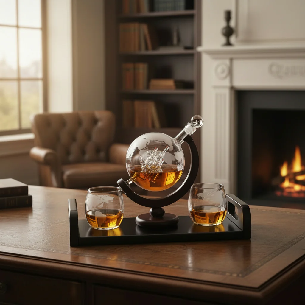 Globe Whiskey Decanter Set with Etched Glasses | Home Bar Gift Set - Image 2