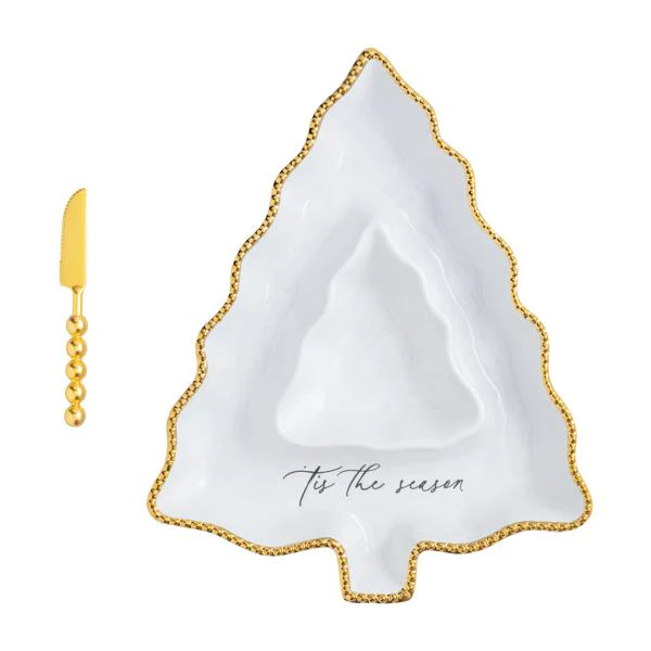 Gold Beaded Christmas Tree Chip & Dip Set