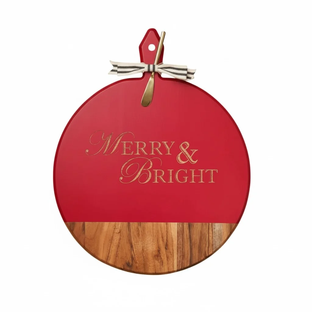 Merry & Bright Acacia Heirloom Board – Round, Red, with Gold Spreader & Ribbon